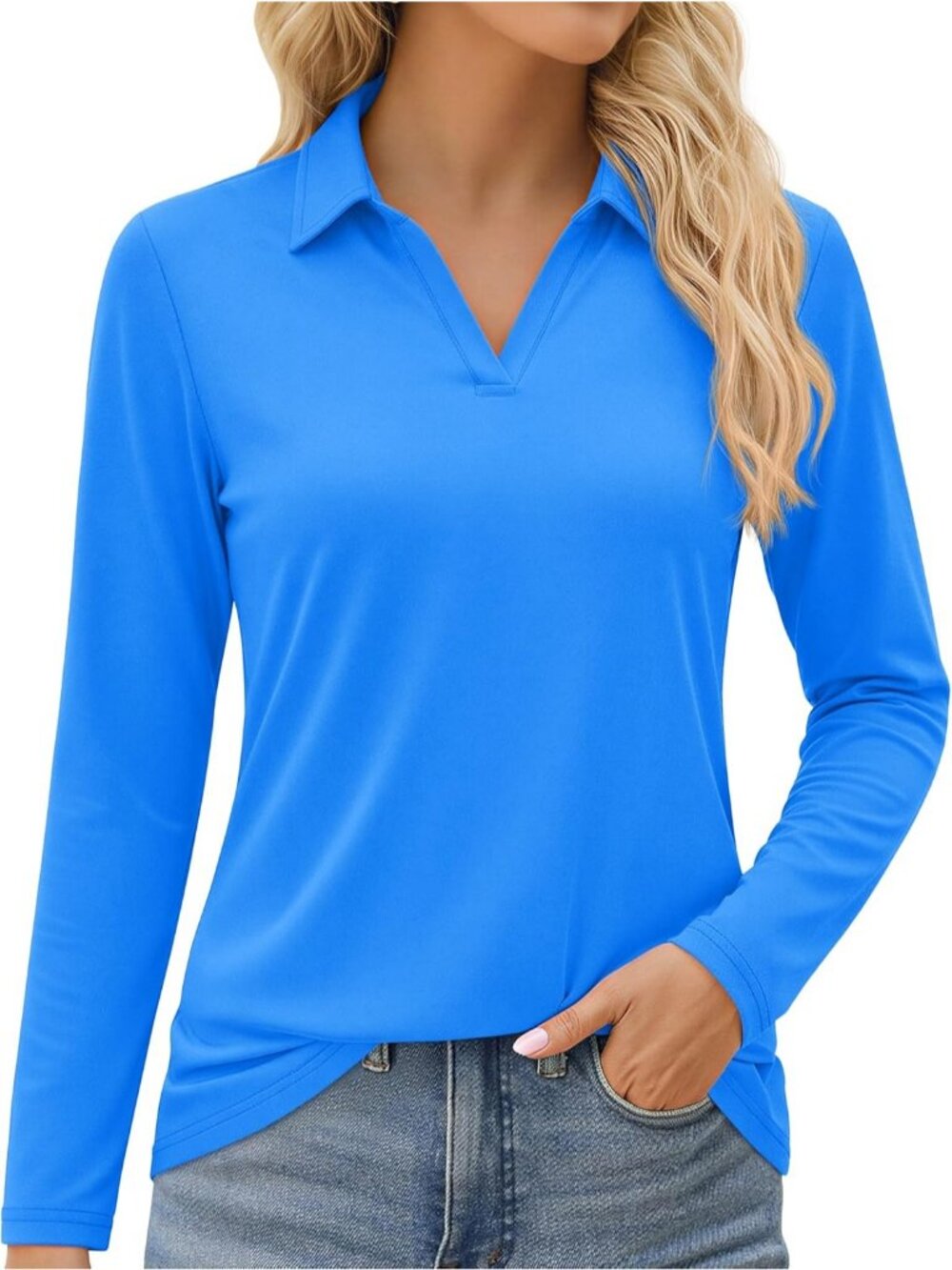 Women's Azure Blue V Neck UPF 50+ Long Sleeve Polo Shirt Quick Dry Workout Tops